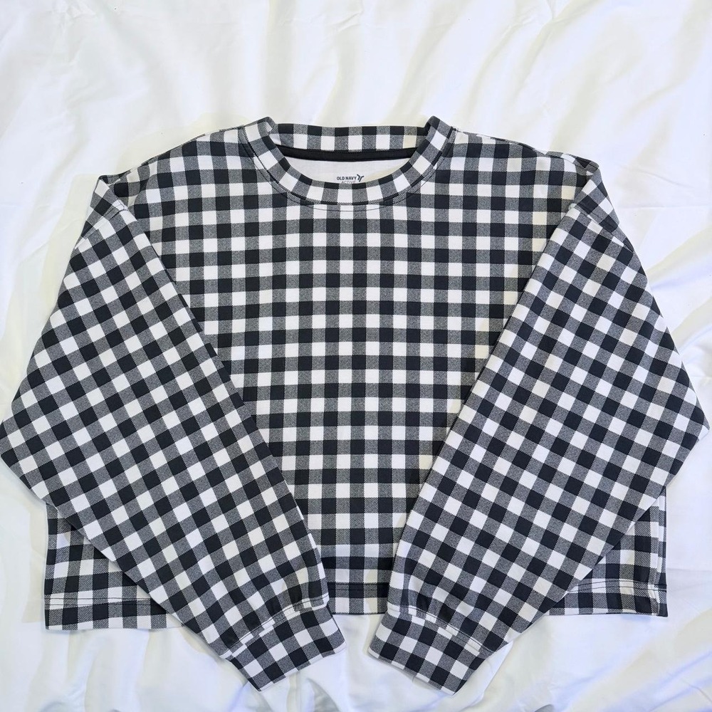 Old Navy Active Dynamic Fleece Gingham Cropped Sweatshirt Black White XL